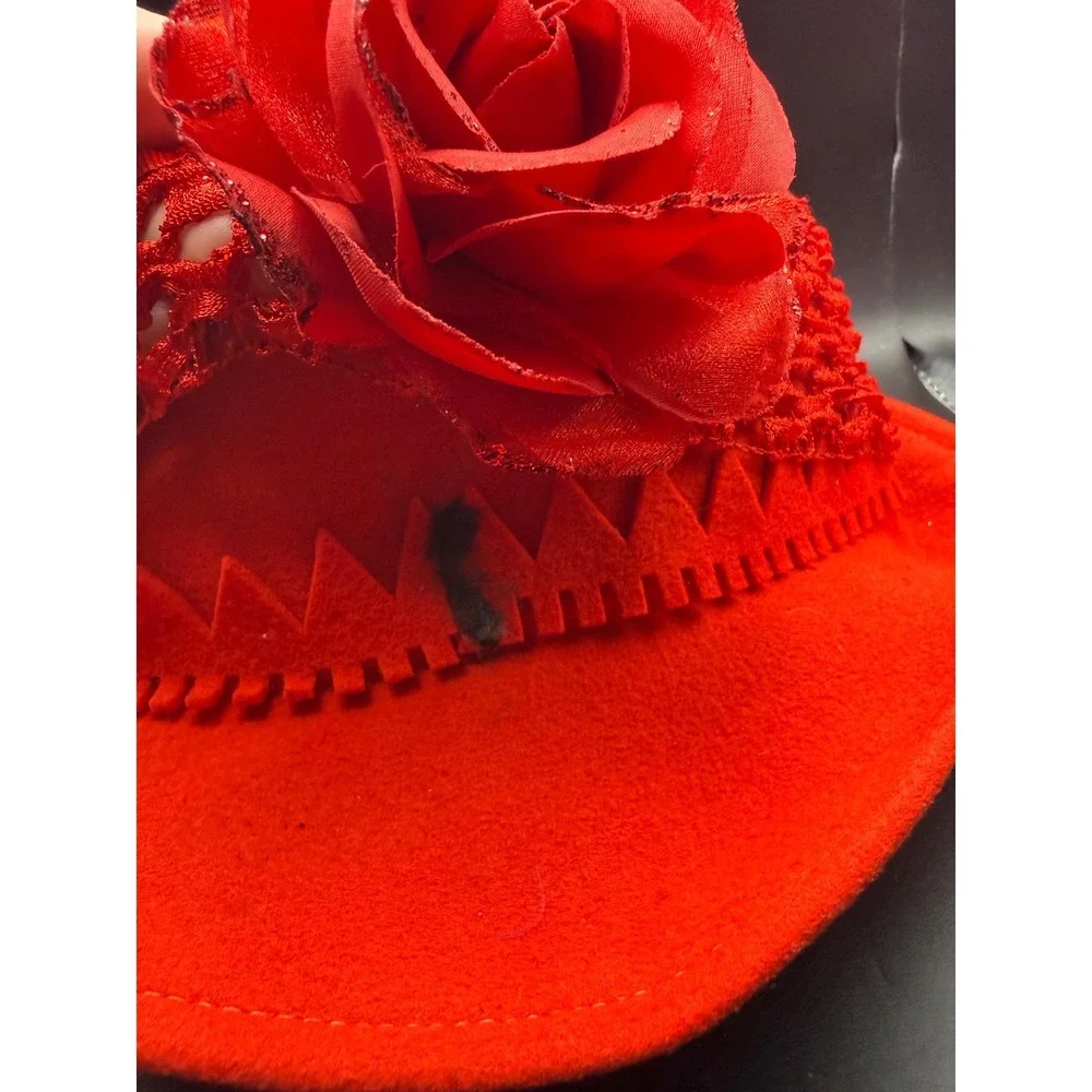 Vtg Jack McConnell Flair Red Wool Doeskin Felt Cloche Hat Lace Flower Church